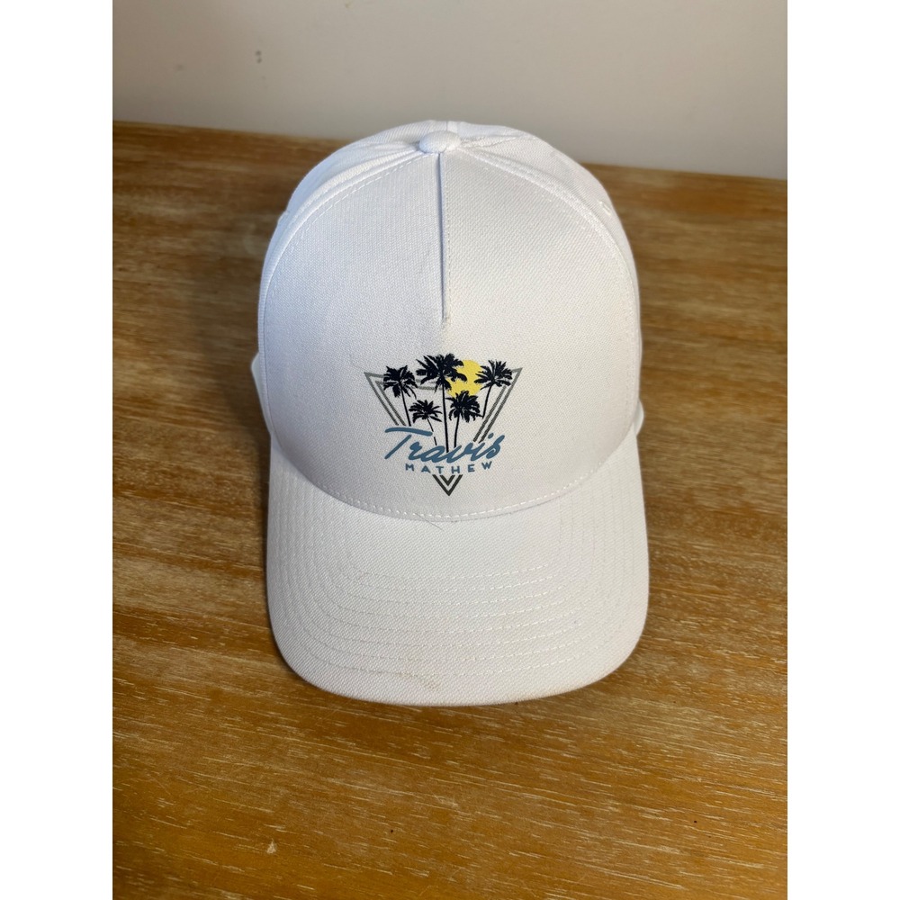 TravisMathew Mens White Palm Tree Graphic Flexfit 110 Snapback Hat Cap